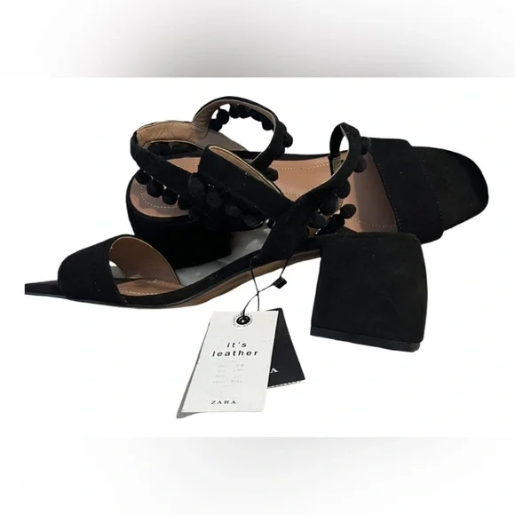 Zara Pom Pom Suede Block Heels Size 8 NWT - Picture 3 of 6